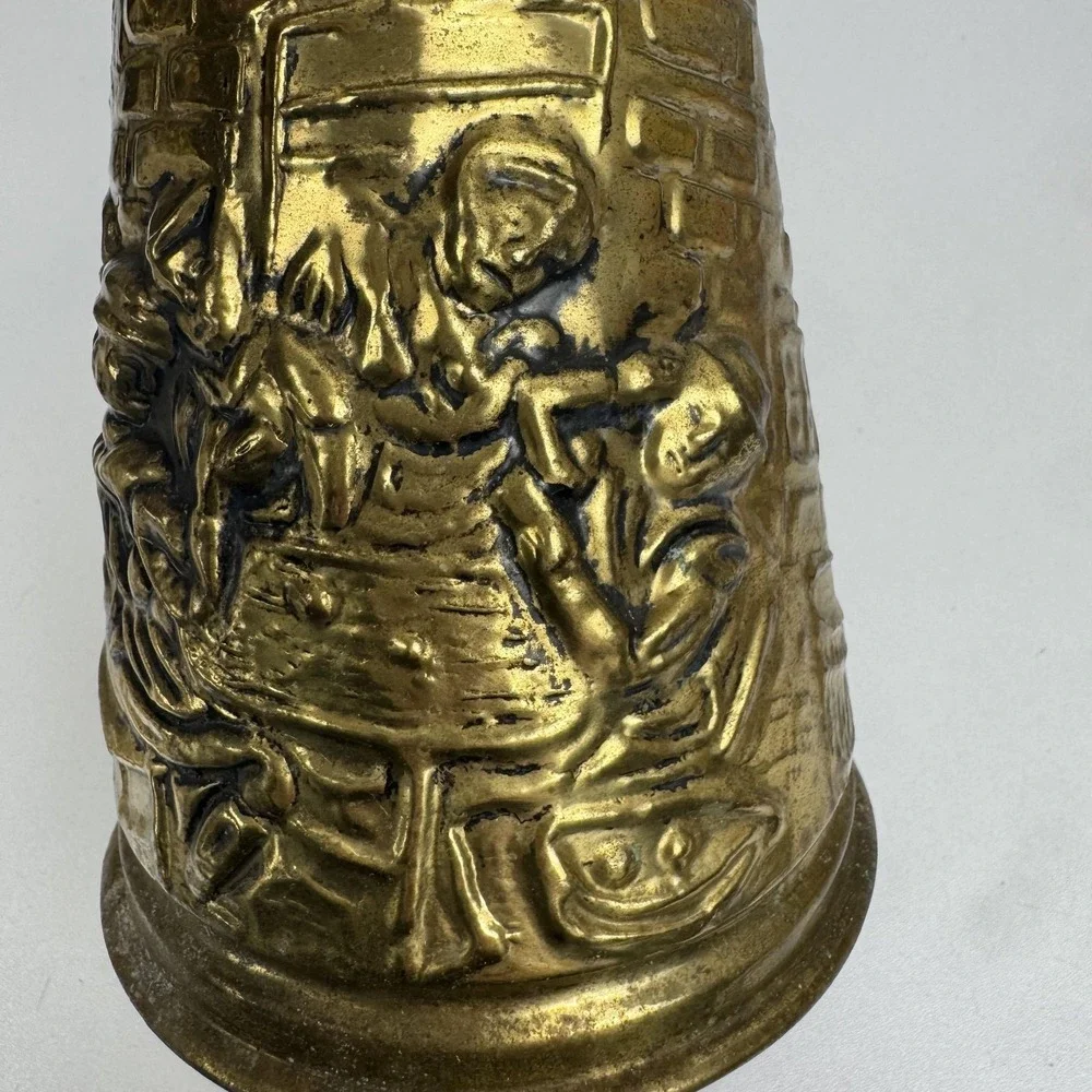 Vintage Brass Water Pitcher Jug Embossed Tavern Scene Made In Holland Decor‎